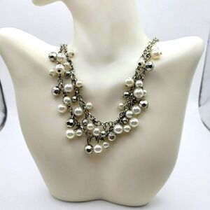 Silver Tone and White Cluster Necklace